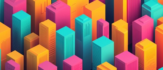 Vibrant Abstract Cityscape with Colorful Geometric Buildings Featuring Shades of Pink, Orange, and Teal in a Modern Design Aesthetic