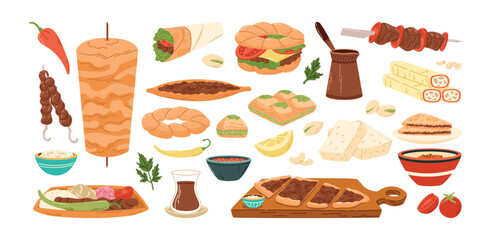 Traditional Turkish food, dishes and oriental sweets. Set of vector isolated on white flat illustrations. Delicious flatbreads, ball beef kebabs.