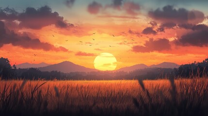 Obraz premium Breathtaking Sunset Over Rolling Hills and Lush Fields with Vibrant Colors in a Peaceful Natural Landscape