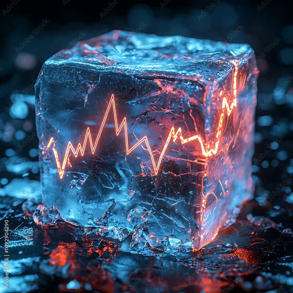 Poster a glowing ice cube with a rising graph design, symbolizing data trends and analysis in a visually st