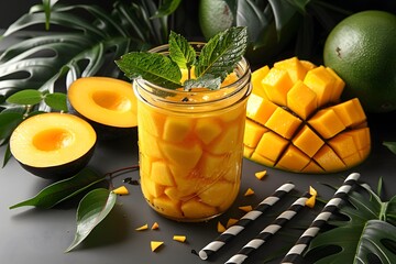 Mango smoothie in glass jar on grey background.