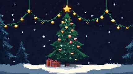 Fototapeta premium Festive Pixel Art Christmas Tree Surrounded by Gifts Under Glowing Stars and Falling Snowflakes in a Magical Winter Wonderland Scene