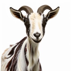 Obraz premium A black-and-white goat stands on a plain white background, showcasing its curved horns. AI generated. 