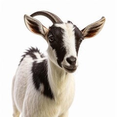 A black-and-white goat stands on a plain white background, showcasing its curved horns. AI generated.
