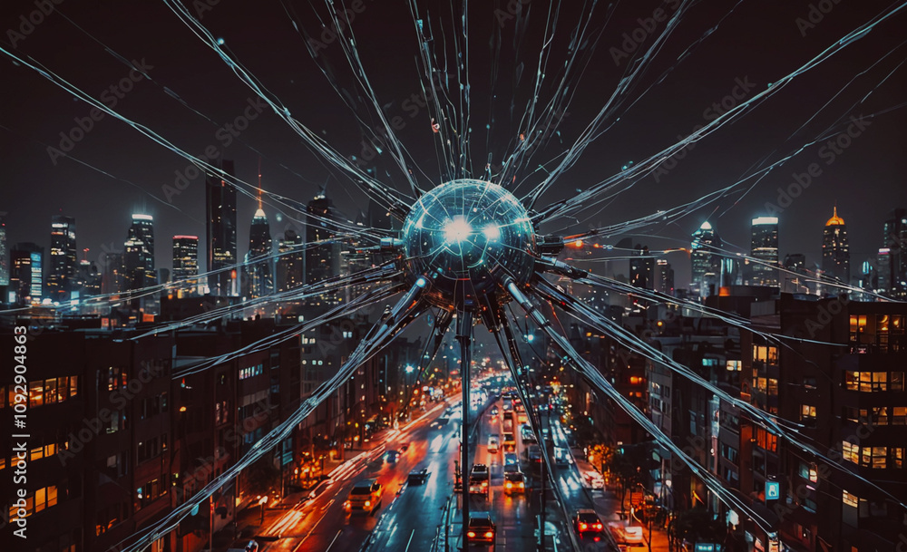 Poster city with a large sphere in the middle. the sphere is surrounded by a lot of buildings