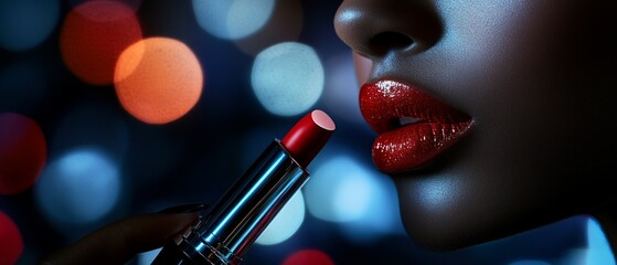 Vibrant red lipstick is applied to lips, highlighting a close-up view against a dynamic backdrop of blurred, colorful lights in an evening setting