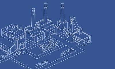 Illustration of an industrial site. Outline isometric illustration of factory manufacturing plan architecture.