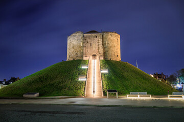 York Castle known as Cliffords Tower at night, England, UK.