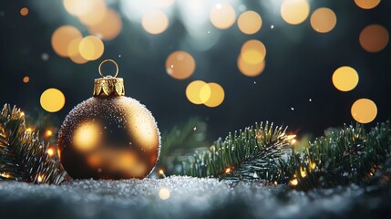A shimmering gold ornament rests on a snowy surface, surrounded by twinkling lights that evoke the warmth and joy of the Christmas season.