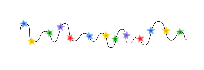 Christmas colorful multicolored lights curly string garland, doodle hand drawn vector illustration, flat cartoon seasonal image for winter New Year holiday, birthday events design