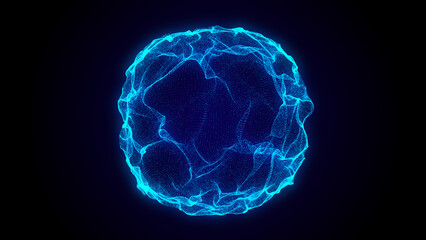 Abstract blue sphere with connecting dots. Wireframe technology sphere of particles. Big data visualization. 3d rendering.