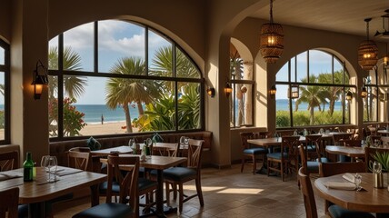 Fototapeta premium Here's a description and keywords for your stock photo.. Sunlit beachfront restaurant interior with ocean views, tables set for dining.