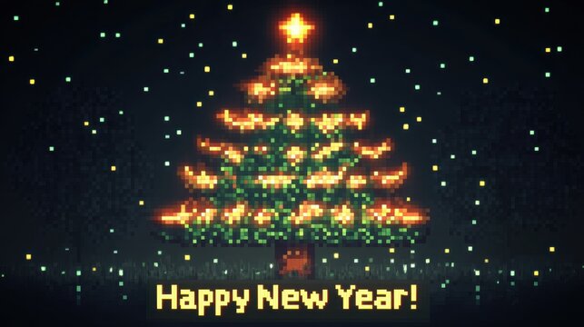 Festive Pixel Art of a Christmas Tree with a Star and Greeting for Happy New Year Celebrations in a Vibrant Digital Style
