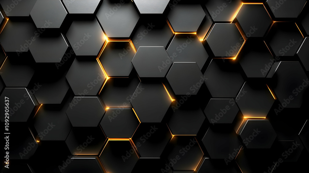 Aufkleber dark hexagon pattern with golden glows: abstract geometric background design