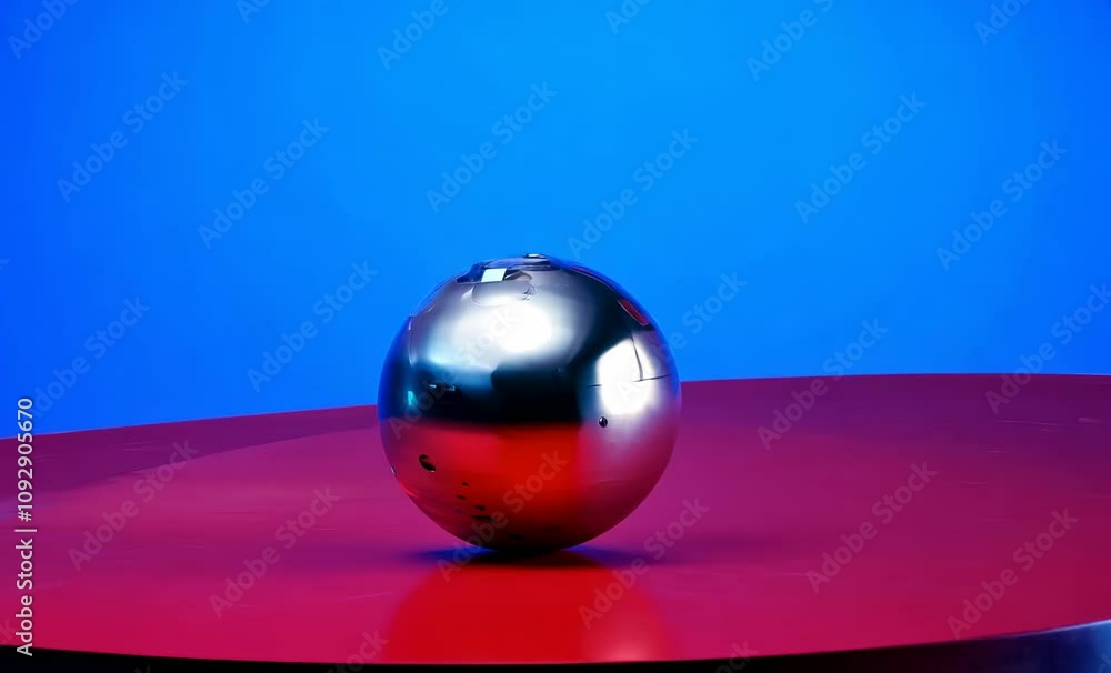 Poster shiny metallic sphere with smooth surface reflects light on red surface against blue background, cre