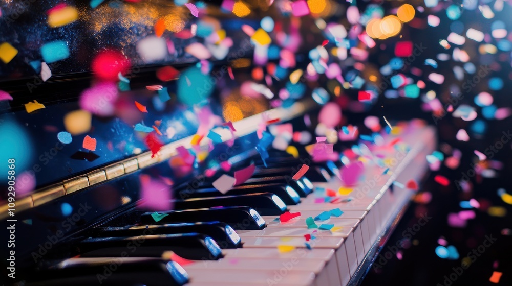Poster a close-up of a piano with colorful confetti scattered over the keys, creating a festive mood.