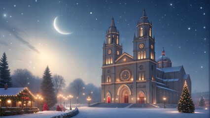 Fototapeta premium Majestic church building, serene mood, illuminated under a starry night sky with a crescent moon