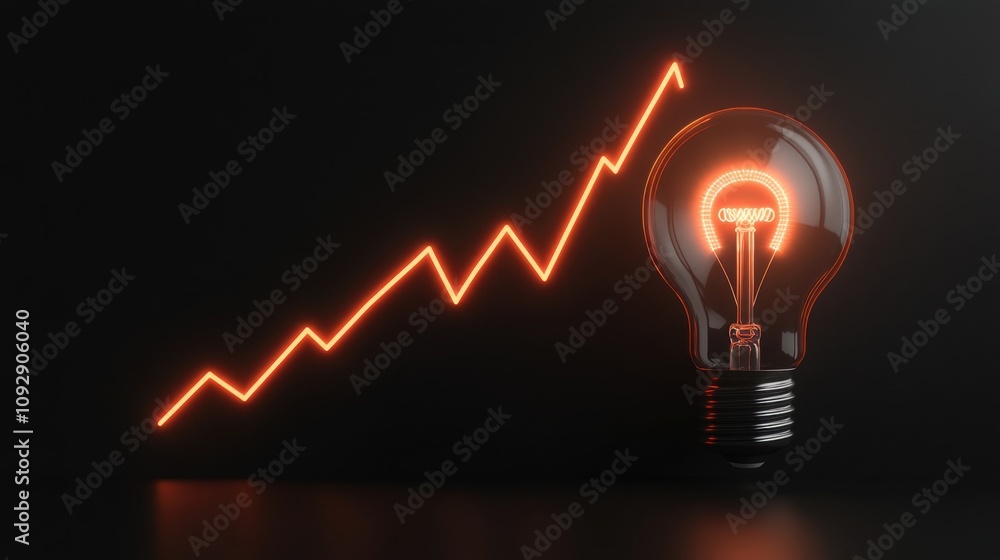 Poster creative concept of a glowing light bulb symbolizing innovation and progress with a rising graph lin