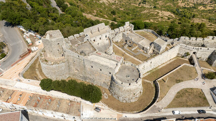 Aerial view of the Monte Sant'Angelo Castle. It is an ancient fortress located in the historic center of Monte Sant'Angelo, in the province of Foggia, Puglia, Italy.