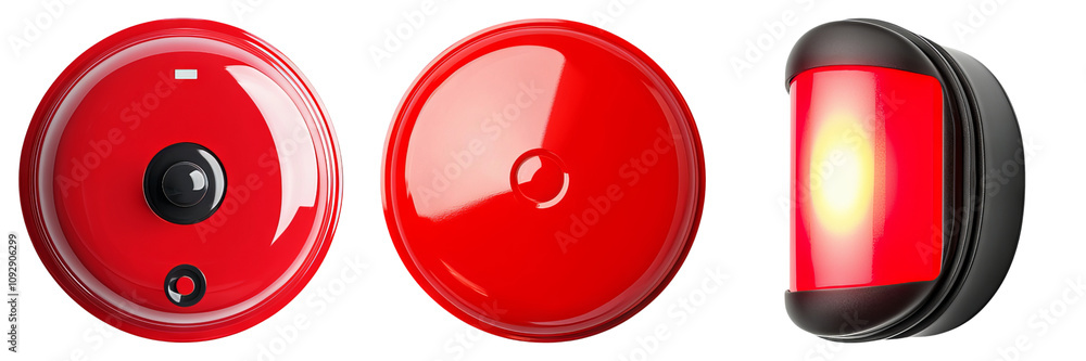 Poster fire alarm and alert response concept. three red warning lights in various shapes and sizes.
