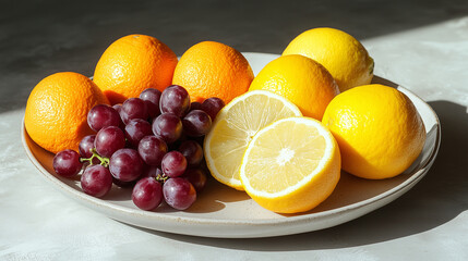 A clean, minimalist still life of fresh fruits on a white ceramic plate, featuring oranges, lemons, and grapes, with soft shadows on a neutral background