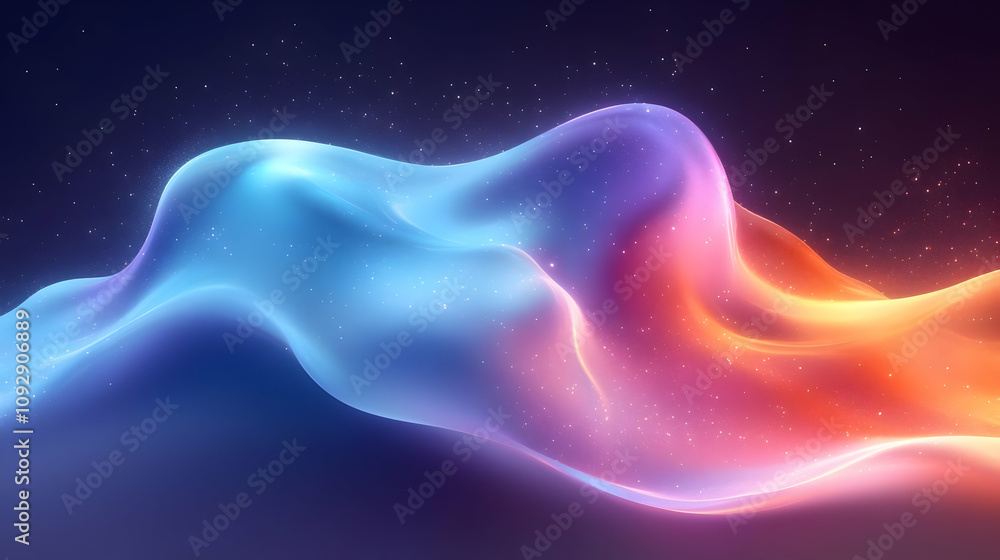 Poster Abstract Waves Flowing Dynamically with Glowing Particles, Creating a Serene Visual Experience.