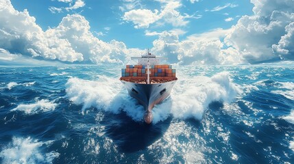 Container ship sailing on the ocean with wave splash