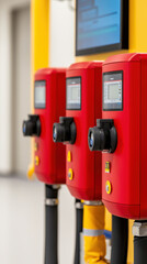 Fire Alarm System Response Concept. The image features three red control units with displays, likely part of a machinery setup in an industrial environment.