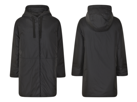 Black long sleeve winter jacket, front and back view, hooded winter coat warm sport, men's hooded isolated on white background