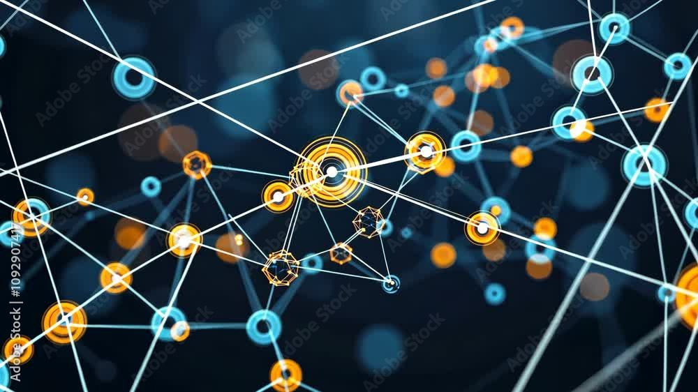 Poster futuristic abstract composition with geometric connections and digital elements, showcasing a networ