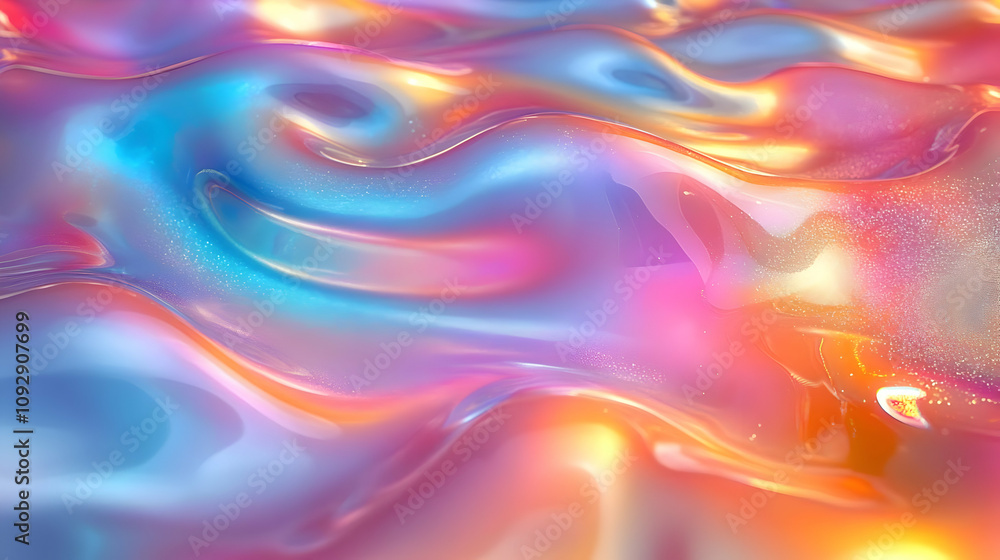 Poster liquid iridescent colors flow dynamically, shimmering abstract background with glittering texture