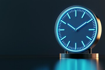 Blue neon clock on dark background with glowing hour and minute hands