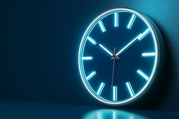 Neon blue wall clock with luminous design in dark room