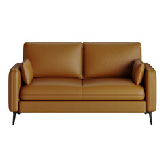 A tan leather couch with two pillows on it