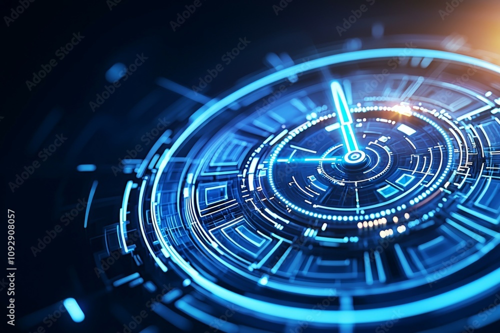 Poster futuristic blue digital clock interface with glowing circular circuit design