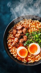Fototapeta premium Delicious Bowl of Ramen Noodles with Tender Meat, Soft-Boiled Eggs, Fresh Green Onions, and Sesame Sprinkles on a Dark Background with Steam Rising