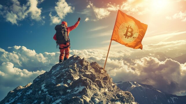 Bitcoin Conqueror: A Mountaineer Triumphs with Flag at the Peak
