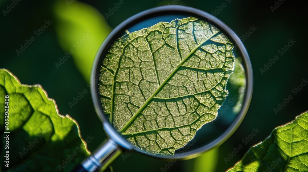 Poster close-up view of leaf surface under magnification with intricate patterns highlighted by natural lig
