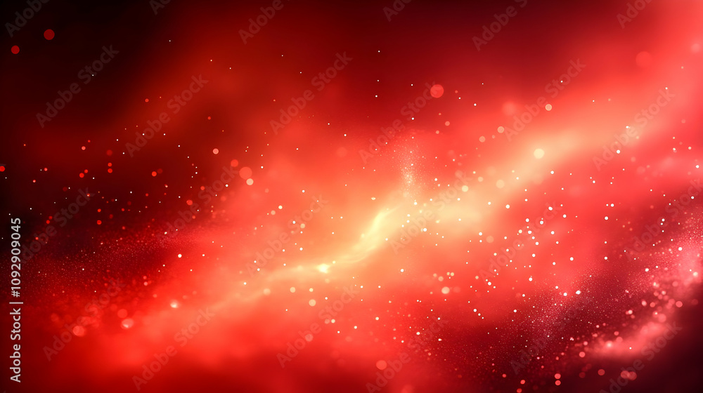 Poster red sparkles: glowing abstract background with shimmering dust and light effects