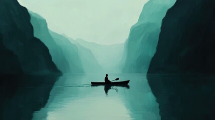 Fototapeta premium Serene Kayaker Gliding Through Misty Mountains and Reflected Waters in a Calm Lake at Dawn, Evoking a Sense of Peace and Tranquility Amidst Nature