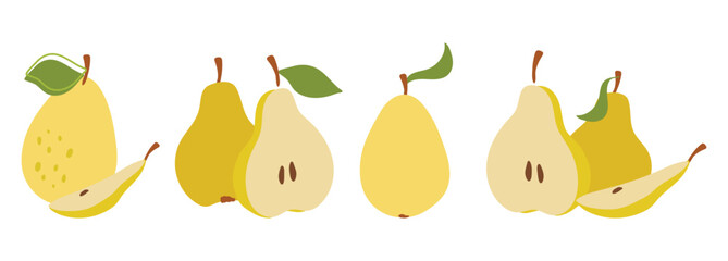 A set of pear slices in flat style. Fresh, juicy and tasty fruit. Vector illustration of organic fruit. Eco-label for natural pear flavor. Juice, smoothie design.