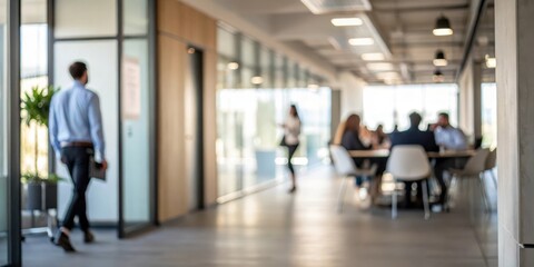 Blurred Office Corridor with Business People in Meeting