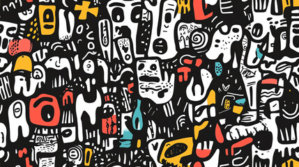 Doodle characters seamless pattern with color accents