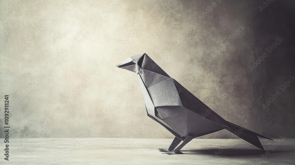 Poster origami bird figure in dark tones on minimalist surface with soft background light and elegant shado