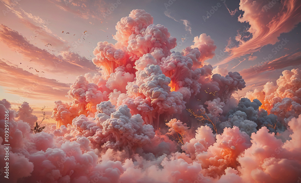 Aufkleber pink cloud with a white cloud in the middle. there are birds flying in the sky