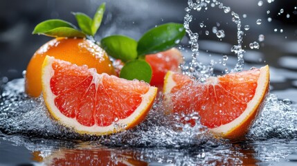 Fresh and Juicy Red Grapefruit Slices With Water Splash on Dark Background, Showcasing Vibrant Colors and Refreshing Texture of Citrus Fruit