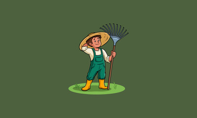 Cartoon farmer with a rake and straw hat vector design.