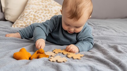 Baby playtime with wooden puzzle in cozy room newborn engagement fun environment