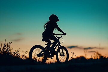 Obraz premium Child riding a bicycle at sunset in a serene landscape