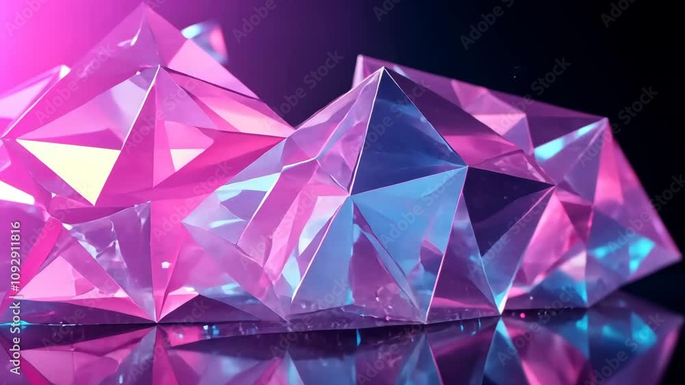 Poster close-up of shimmering crystal fragments with vibrant reflections and intricate geometric shapes in 